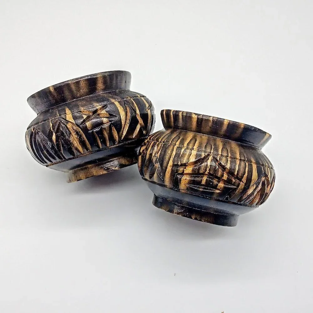 Pair of Brown Carved Wood Jars